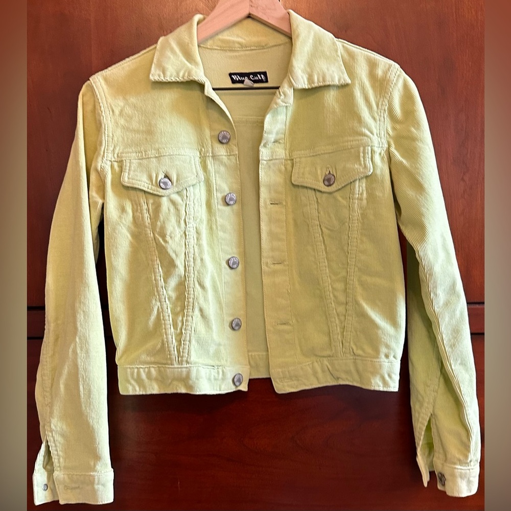 LADIES Blue Cult Vintage Distressed Lime Green Cropped Corduroy Jean Jacket - S